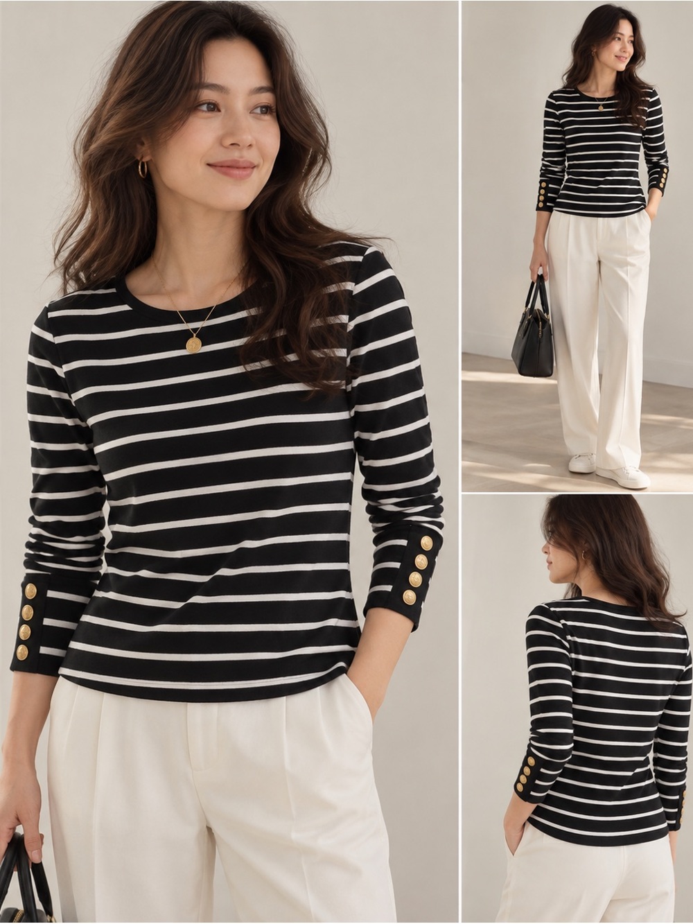 Black & White Striped Boatneck Top with Gold Button Cuffs